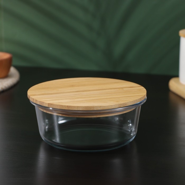 Контейнер для еды из жаропрочного стекла с бамбуковой крышкой BellaTenero &laquo;Эко&raquo;, 620 мл, 15&times;6,5 см