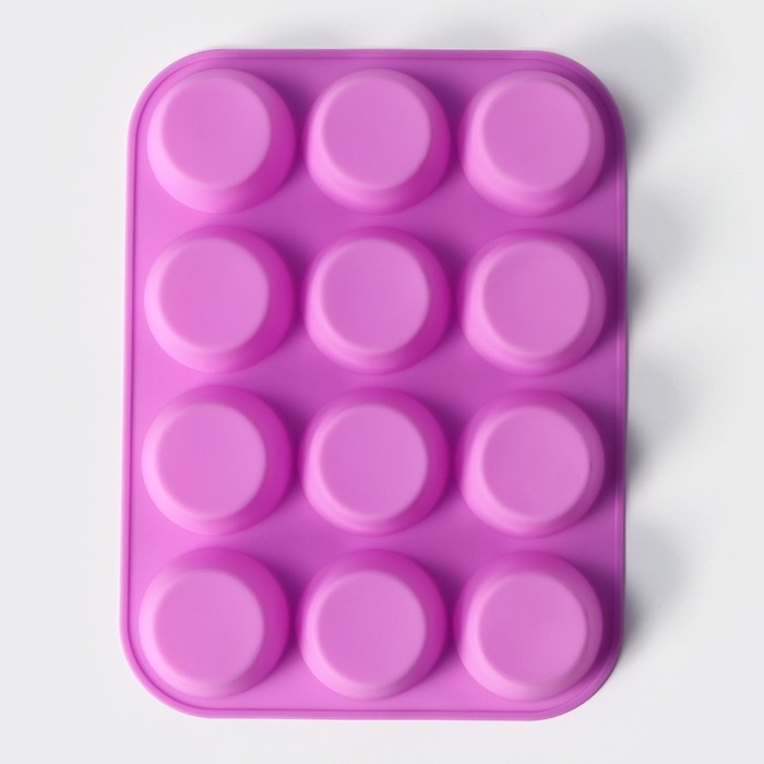 Форма для выпечки Доляна «Круг», силикон, 29×22×3 см, 12 ячеек, d=6,5 см, цвет сиреневый Форма для выпечки Доляна «Круг», силикон, 29×22×3 см, 12 ячеек, d=6,5 см, цвет сиреневый