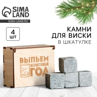 Новый год. Камни для виски в деревянной шкатулке &laquo;Выпьем за счастливый год&raquo;, 4 шт