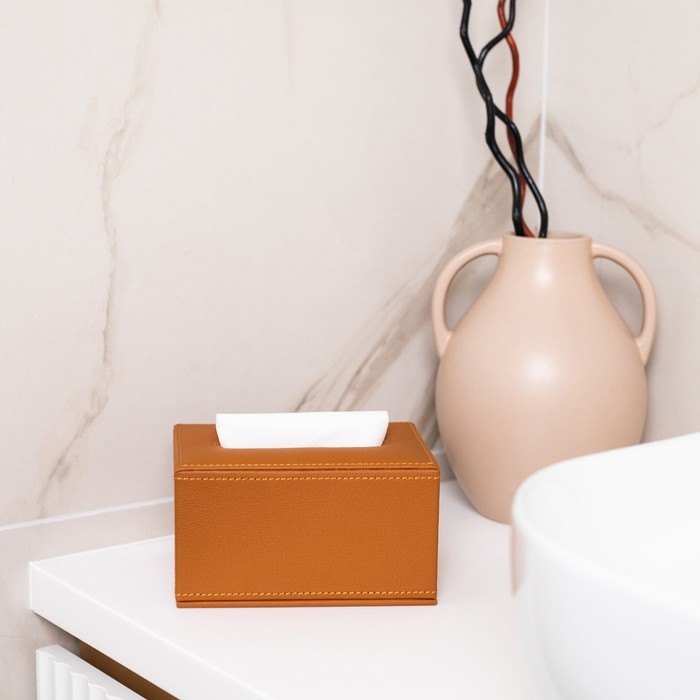Шкатулка - диспенсер из искусственной кожи, цвет охра 10 х 18 х 10 см (салфетница)