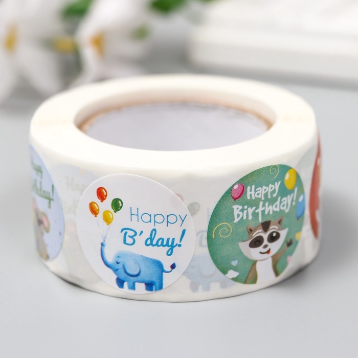 Наклейка бумага Наклейка бумага "Зверята. праздник" d=2,5 см 500 шт в рулоне 3х6,5х6,5 см