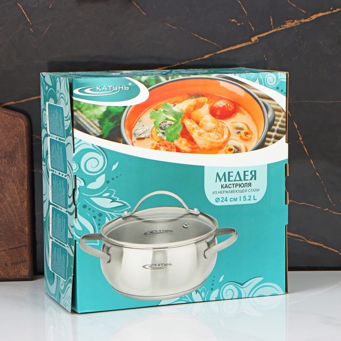 Кастрюля &laquo;Медея&raquo;, 5,2 л, d=24 см, капсульное дно, стеклянная крышка, индукция