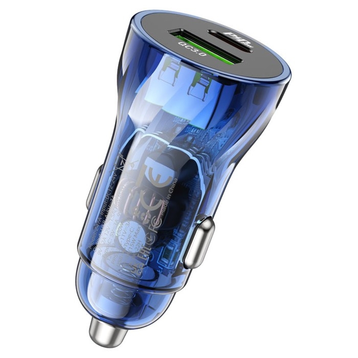 Автомобильное зарядное устройство Hoco Z47A, прозрачное, Type-C, USB, 30 Вт, PD+QC, синий Автомобильное зарядное устройство Hoco Z47A, прозрачное, Type-C, USB, 30 Вт, PD+QC, синий