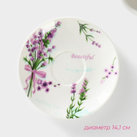 Чайная пара фарфоровая Доляна &laquo;Лаванда&raquo;, 2 предмета: чашка 220 мл, блюдце d=14,1 см, цвет белый