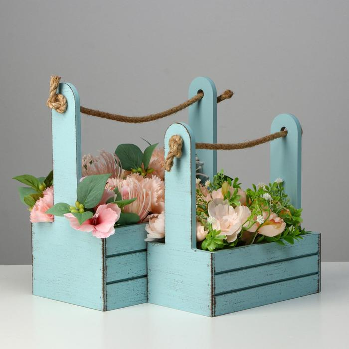 Набор кашпо деревянных 2 в 1 (25.5&times;15&times;30; 20&times;12&times;23) "Прованс", серо-голубой