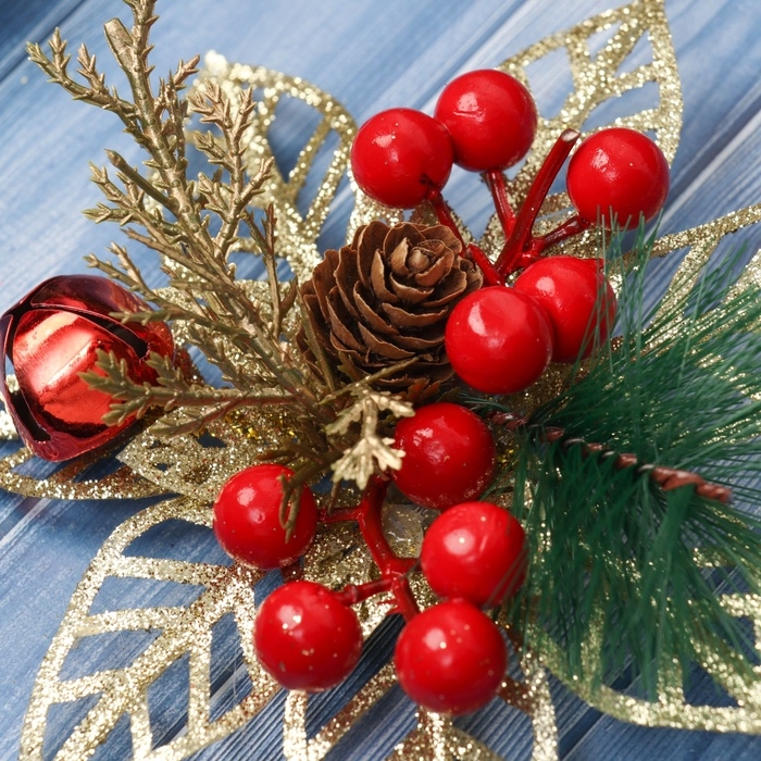 Украшение ёлочное "Праздничные цветы" (набор 2 шт) ягоды, 12 см, золото