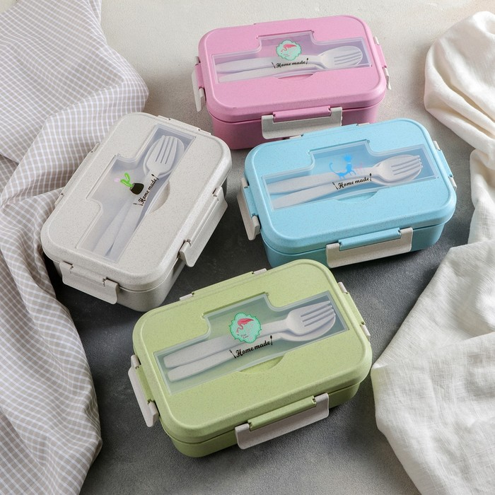 Ланч - бокс пластиковый Доляна &laquo;Фламинго&raquo;, 22&times;16&times;7,5 см, 2 отделения, вилка, ложка, цвет МИКС