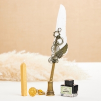 Набор подарочный 5в1 "Стимпанк": перьевая ручка белая, чернила, наконечники, печать, воск