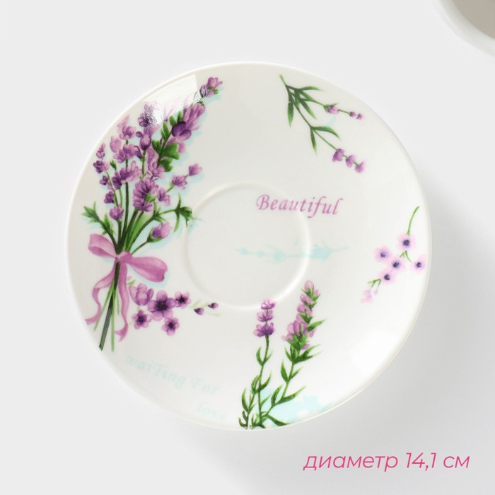 Чайная пара фарфоровая Доляна &laquo;Лаванда&raquo;, 2 предмета: чашка 220 мл, блюдце d=14,1 см, цвет белый