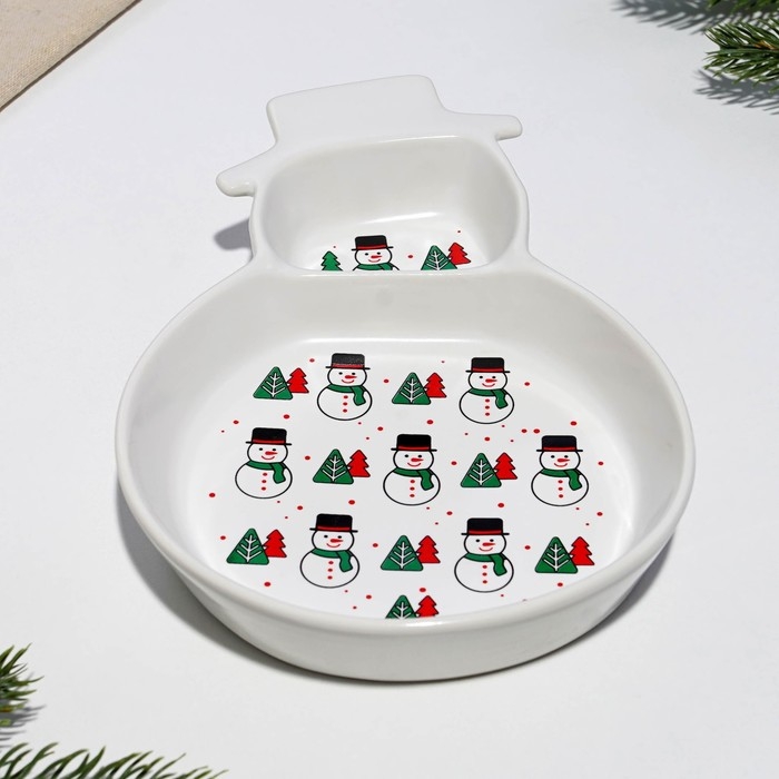 Новый год. Менажница керамическая «Снеговики», 14 х 20 х 3 см, цвет белый Новый год. Менажница керамическая «Снеговики», 14 х 20 х 3 см, цвет белый