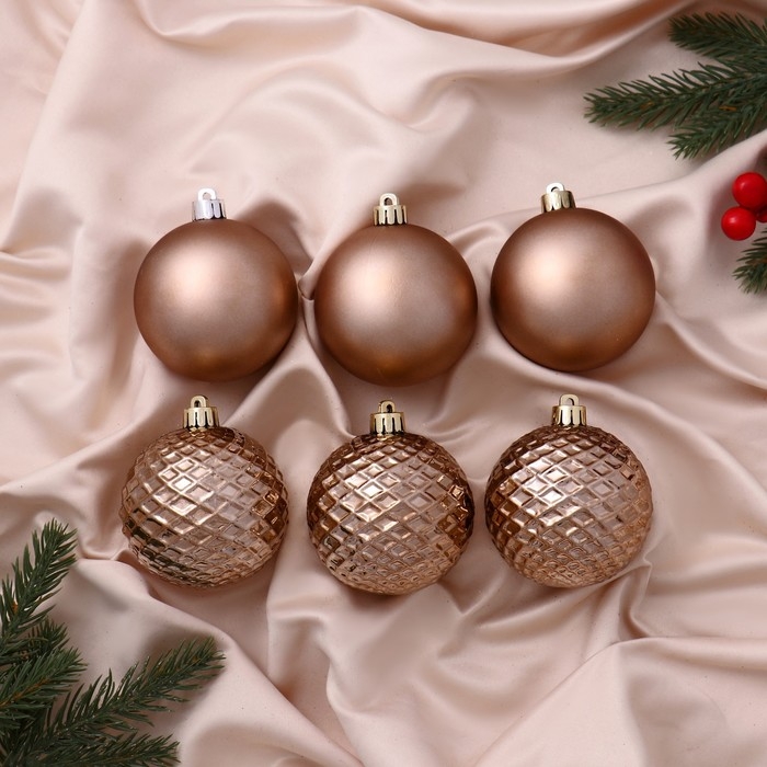 Набор шаров пластик d-7 см, 6 шт Набор шаров пластик d-7 см, 6 шт "Алета сеточка" коричневый