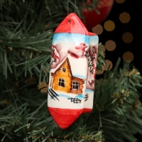 Ёлочная игрушка "Конфета Зима", красная, авторская роспись, 10 см,  фарфор