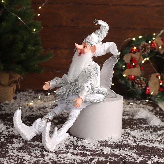 Новогодний шут "С крылышками" сидит, двигается, 39х14 см, серебро