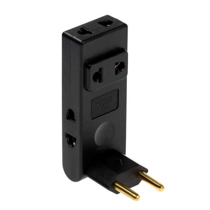 Тройник плоский, поворотный, 4 розетки, 10А, без з/к, черный Тройник плоский, поворотный, 4 розетки, 10А, без з/к, черный