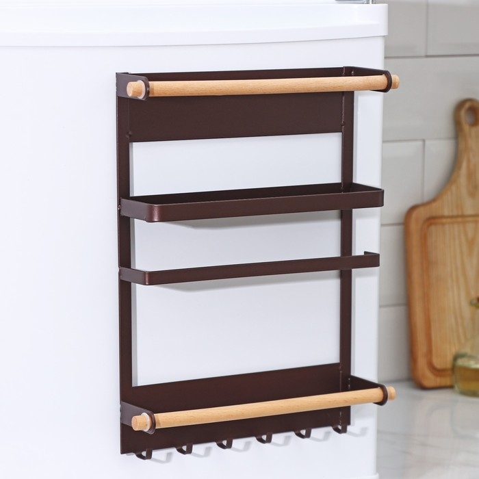 Держатель для кухонных принадлежностей на магните Доляна, 6 крючков, 4 направляющих, 34&times;24,5&times;34 см, цвет коричневый