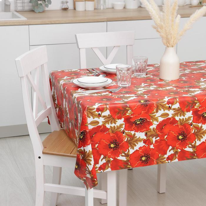 Клеёнка на стол Доляна &laquo;Маки&raquo;, на тканевой основе, рулон 20 метров, ширина 137 см, общая толщина 0,22 мм, цвет красный