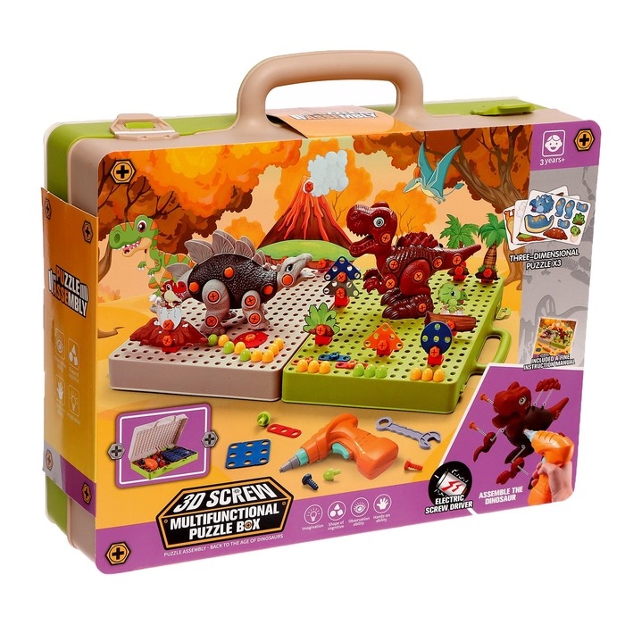 Конструктор винтовая мозаика «Диномир», с электрическим шуруповёртом, 217 деталей Конструктор винтовая мозаика «Диномир», с электрическим шуруповёртом, 217 деталей