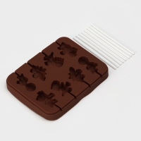 Форма для леденцов Доляна «Дино», силикон, 14×11×1,5 см, 8 ячеек, с палочками, цвет коричневый Форма для леденцов Доляна «Дино», силикон, 14×11×1,5 см, 8 ячеек, с палочками, цвет коричневый