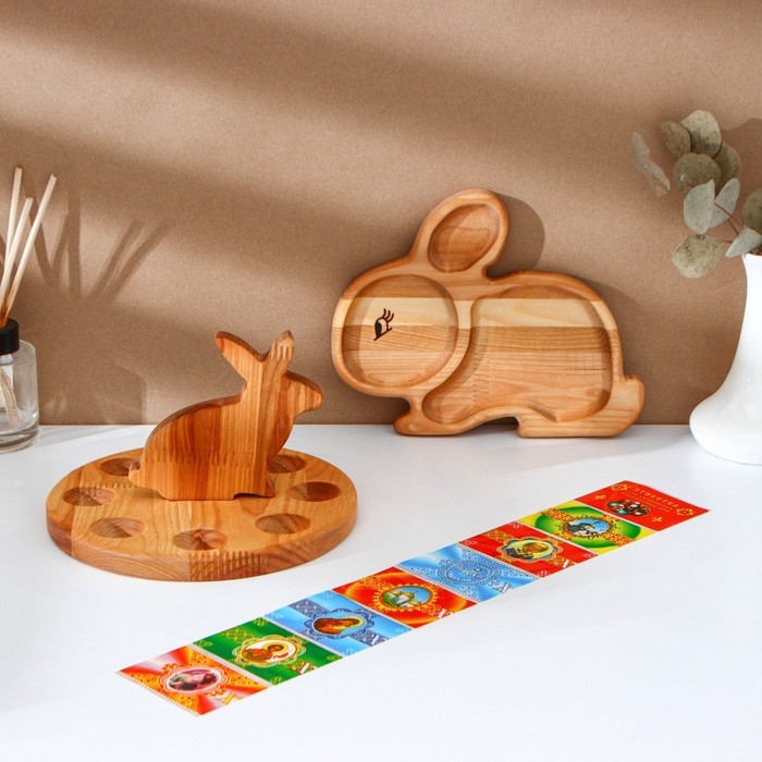 Пасхальный набор Adelica, менажница заяц, подставка для яиц 8 ячеек, d=20&times;1,8 см, термонаклейки 7 шт, берёза