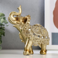 Сувенир полистоун "Золотой слон с попоной из бисера с колокольчиками"МИКС 15х14,5х7,7 см
