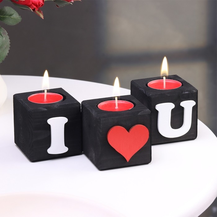 Подсвечник для интерьера Подсвечник для интерьера "Люблю тебя", цвет: "Эбен", 3 штуки, 6х6х6 см, аромат клубники