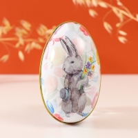 Шкатулка металл яйцо "Пасхальный зайка с букетом и шляпой" 7х6,5х11 см Шкатулка металл яйцо "Пасхальный зайка с букетом и шляпой" 7х6,5х11 см