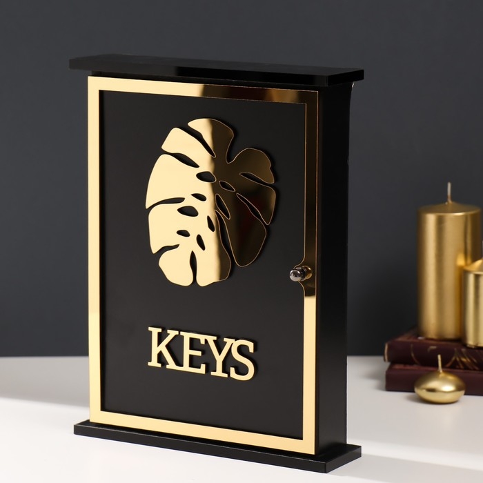 Ключница дерево "Лист монстеры" чёрная, зеркальная 6х22,3х29,5 см