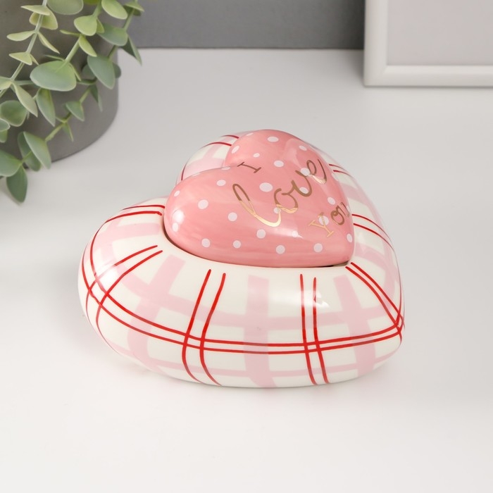 Шкатулка керамика Шкатулка керамика "Розовое сердце в горошек, в клеточку" 15,7х15,3х8,2 см