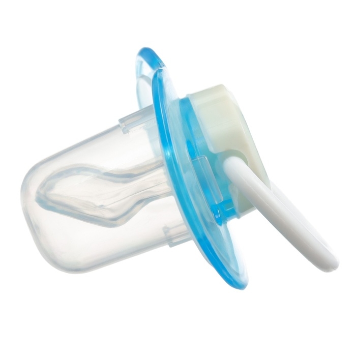 Соска - пустышка силиконовая ортодонтическая, от 3 мес., с колпачком, в контейнере, цвет голубой