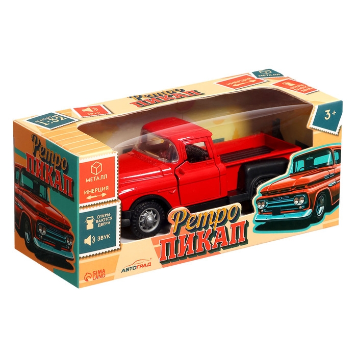 Машина «Ретро пикап», металлическая, инерция, открываются двери, световые и звуковые эффекты, 1:32, цвет красный Машина «Ретро пикап», металлическая, инерция, открываются двери, световые и звуковые эффекты, 1:32, цвет красный