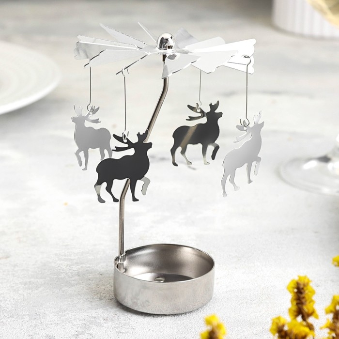 Свеча вращающаяся "Карусель с оленями", серебрянная, металл