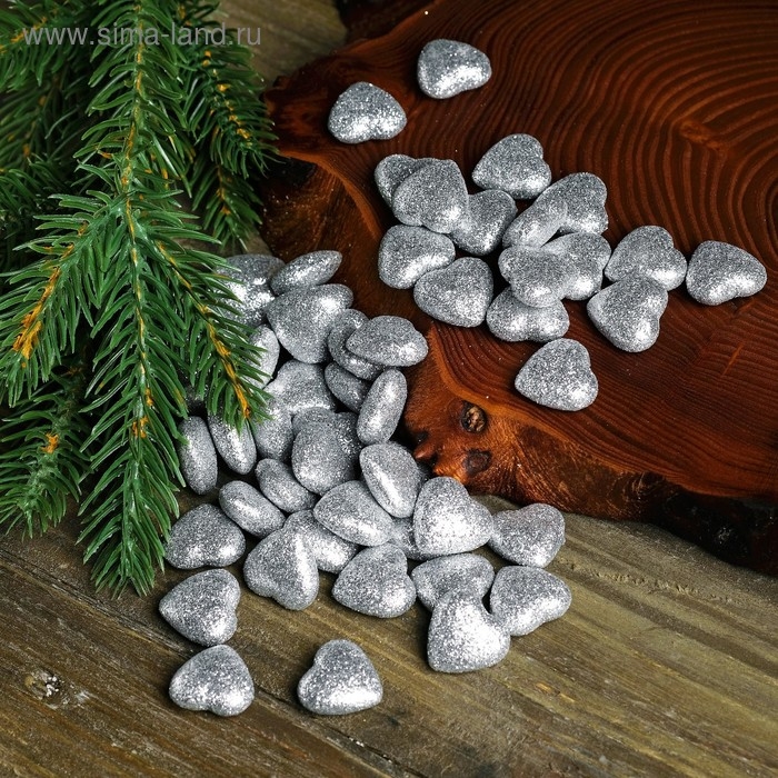 Фигурка для поделок и декора "Сердце", набор 50 шт., размер 1 шт. 1,5&times;1,5&times;0,5 см, цвет серебро