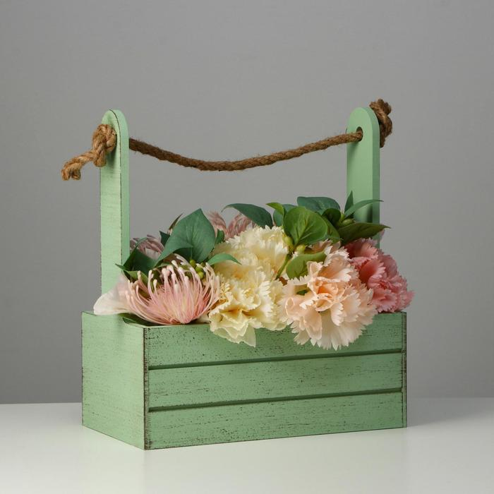 Кашпо деревянное 25.5&times;15&times;30 см "Прованс", ручка канат, зелёный