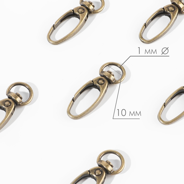 Карабин металлический, 38 &times; 12 мм / 10 &times; 1 мм, 6 шт, цвет бронзовый