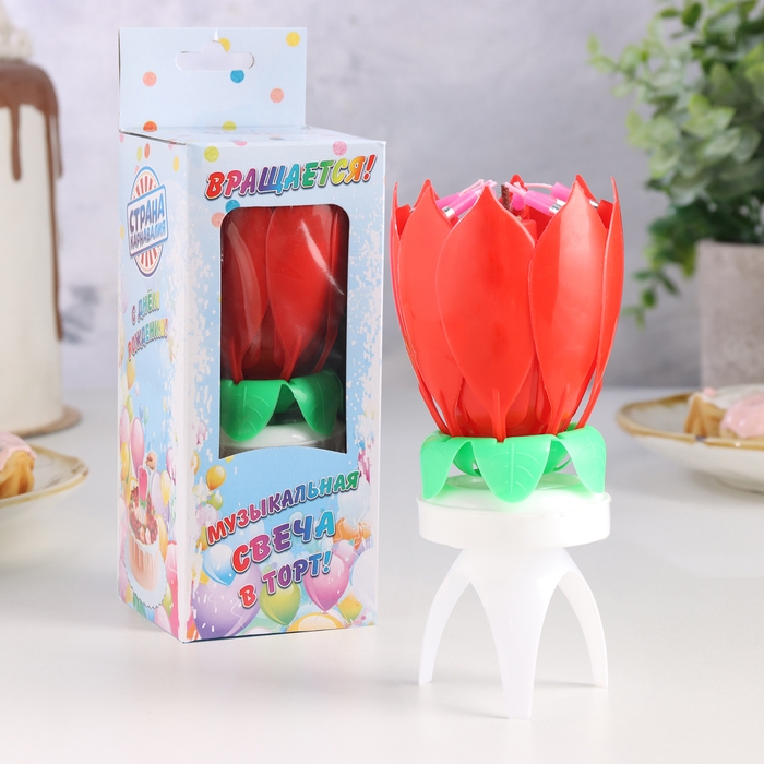 Свеча для торта музыкальная "Тюльпан", крутящаяся, красная, 14,5&times;6 см