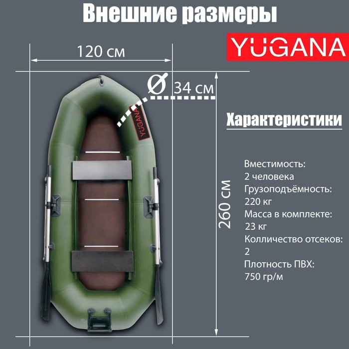 Лодка YUGANA R-260 СТР, слань+транец, цвет олива Лодка YUGANA R-260 СТР, слань+транец, цвет олива