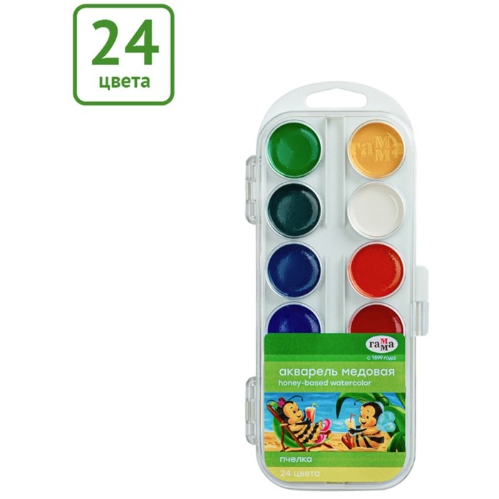 Акварель 24 цвета Гамма "Пчелка", медовая, без кисти, пластик, европодвес 212035
