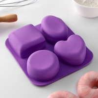 Форма силиконовая для выпечки &laquo;Фигуры и сердце&raquo;, 16&times;17 см, 4 ячейки (7&times;7 см), цвет МИКС