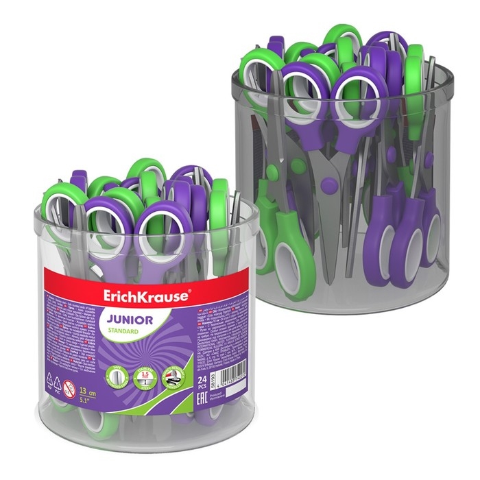 Ножницы детские ErichKrause Junior, 13 см, с закруглёнными концами лезвий, ударопрочный пластик, в тубусе, МИКС