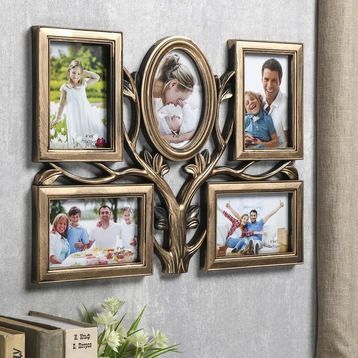 Фоторамка пластик на 5 фото 10х15 см Фоторамка пластик на 5 фото 10х15 см "Дерево с листьями" тёмное золото 34х45х2 см