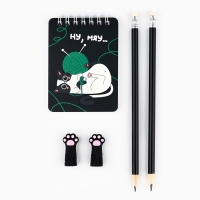 Подарочный набор "Настоящая котомания", карандаши 2 шт, ластики 2 шт, блокнот