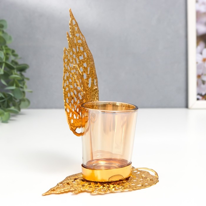 Подсвечник металл, стекло на 1 свечу Подсвечник металл, стекло на 1 свечу "Золотые листики" d-5 см 8х12х16,5 см