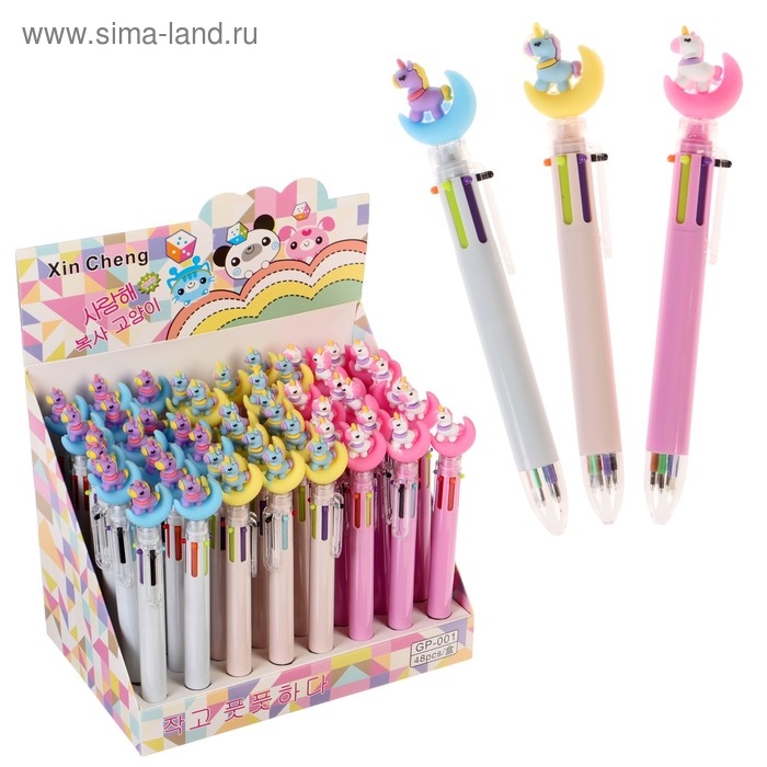 Ручка шариковая автоматическая 6-ти цветная "Единорог на луне", МИКС