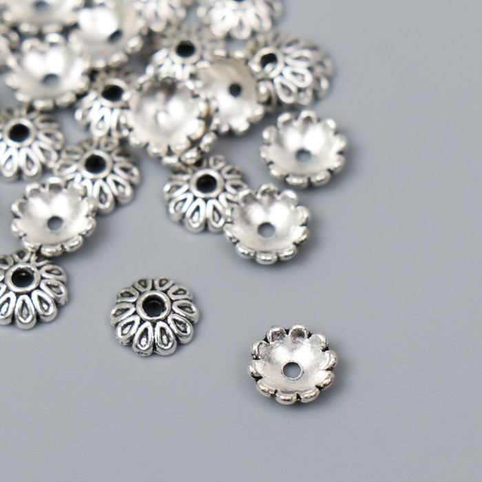 Декор шляпка для бусин металл "Цветок из капель" серебро G030B892 набор 30 шт 0,8х0,8 см