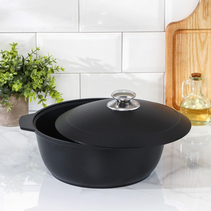 Жаровня &laquo;Традиция&raquo;, 4 л, d=28 см, h=11 см, алюминиевая крышка, антипригарное покрытие, цвет чёрный