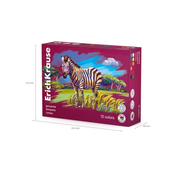 Гуашь 12 цветов х 20 мл, ErichKrause Гуашь 12 цветов х 20 мл, ErichKrause " Safari", с УФ защитой яркости, в картонной упаковке