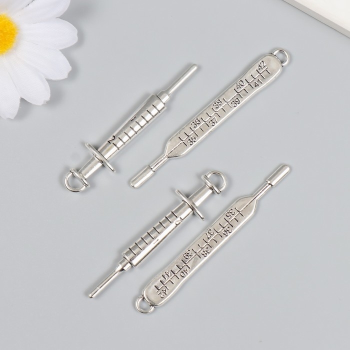 Декор для творчества металл Декор для творчества металл "Градусник и шприц" серебро набор 2 шт 7,1х0,9 см