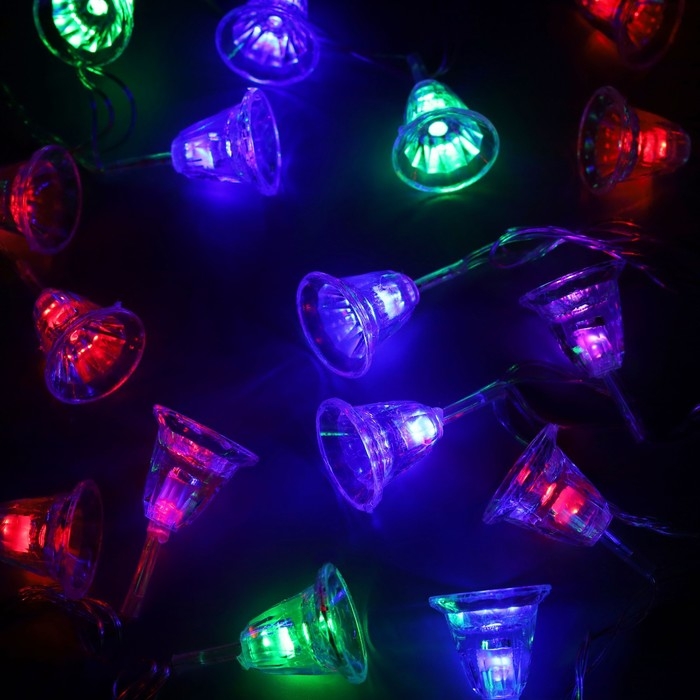 Гирлянда «Нить» 5 м с насадками «Колокольчики», IP20, прозрачная нить, 20 LED, свечение мульти (RG/RB), мигание, 220 В Гирлянда «Нить» 5 м с насадками «Колокольчики», IP20, прозрачная нить, 20 LED, свечение мульти (RG/RB), мигание, 220 В