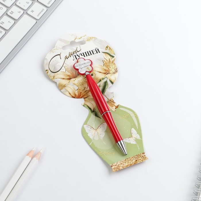 Ручка шариковая синяя паста &laquo;Самой лучшей&raquo;,пластик, с цветок, на подложке-ваза