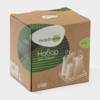 Набор фарфоровый для специй на бамбуковой подставке BellaTenero, 5 предметов: солонка, перечница, 2 соусника, подставка-держатель, цвет белый Набор фарфоровый для специй на бамбуковой подставке BellaTenero, 5 предметов: солонка, перечница, 2 соусника, подставка-держатель, цвет белый